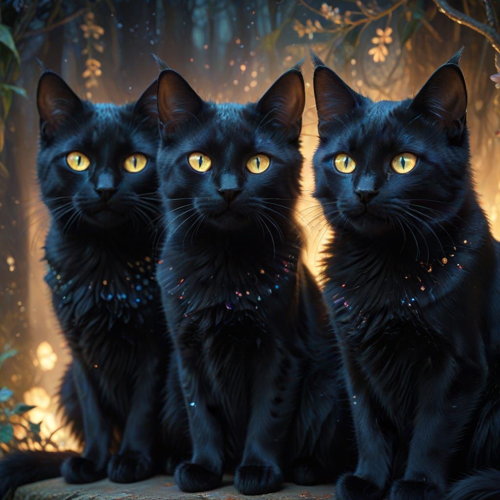 Four Mystical Cats with Bioluminescent Markings
