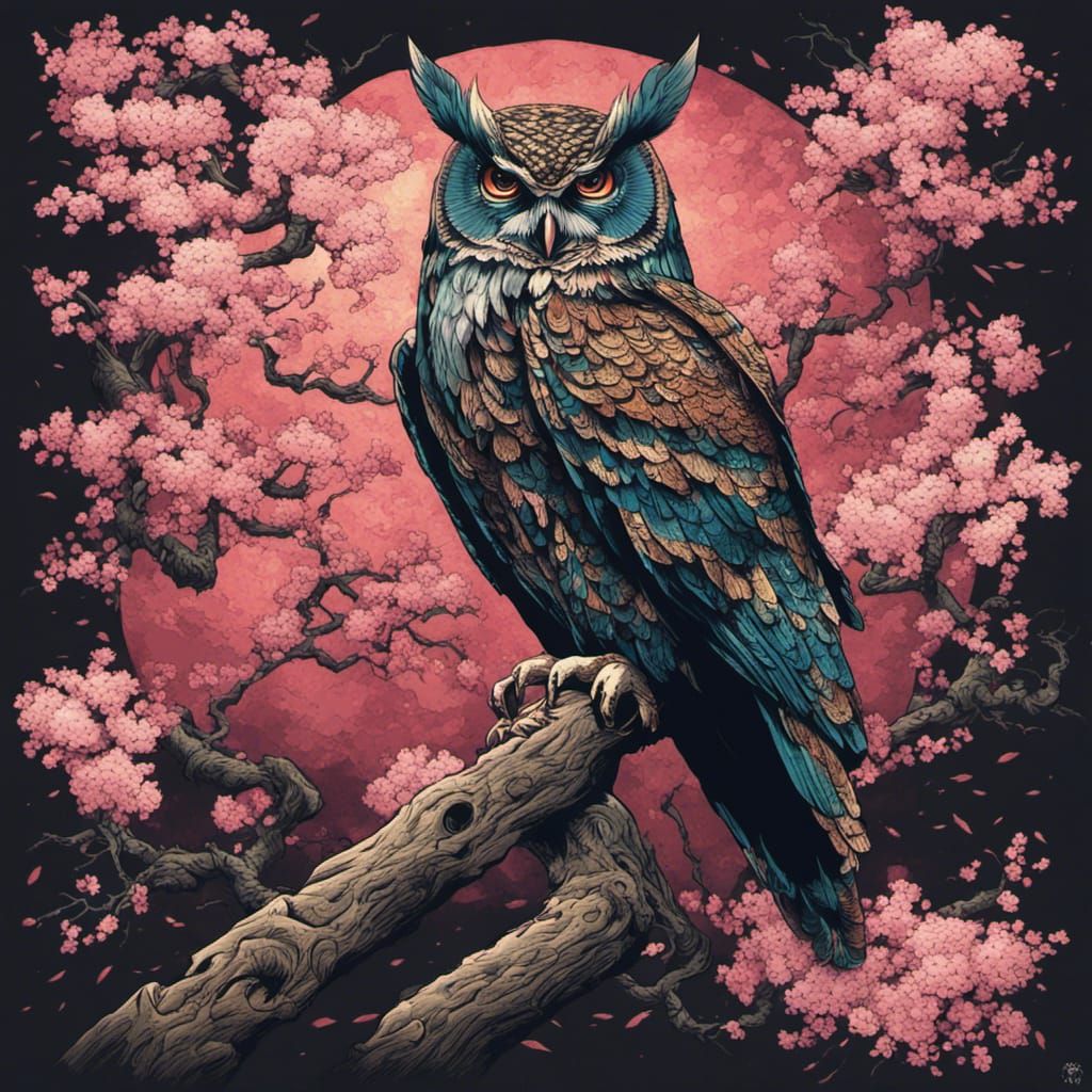 Japanese Owl Samurai Warrior in Wood Block Print