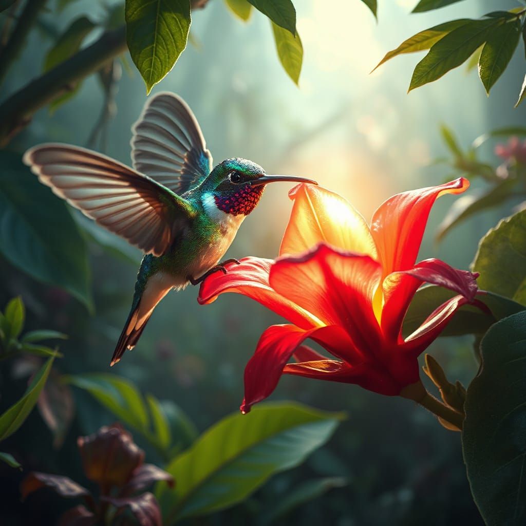 Bioluminescent Hummingbird Sipping Nectar in Jungle Glade