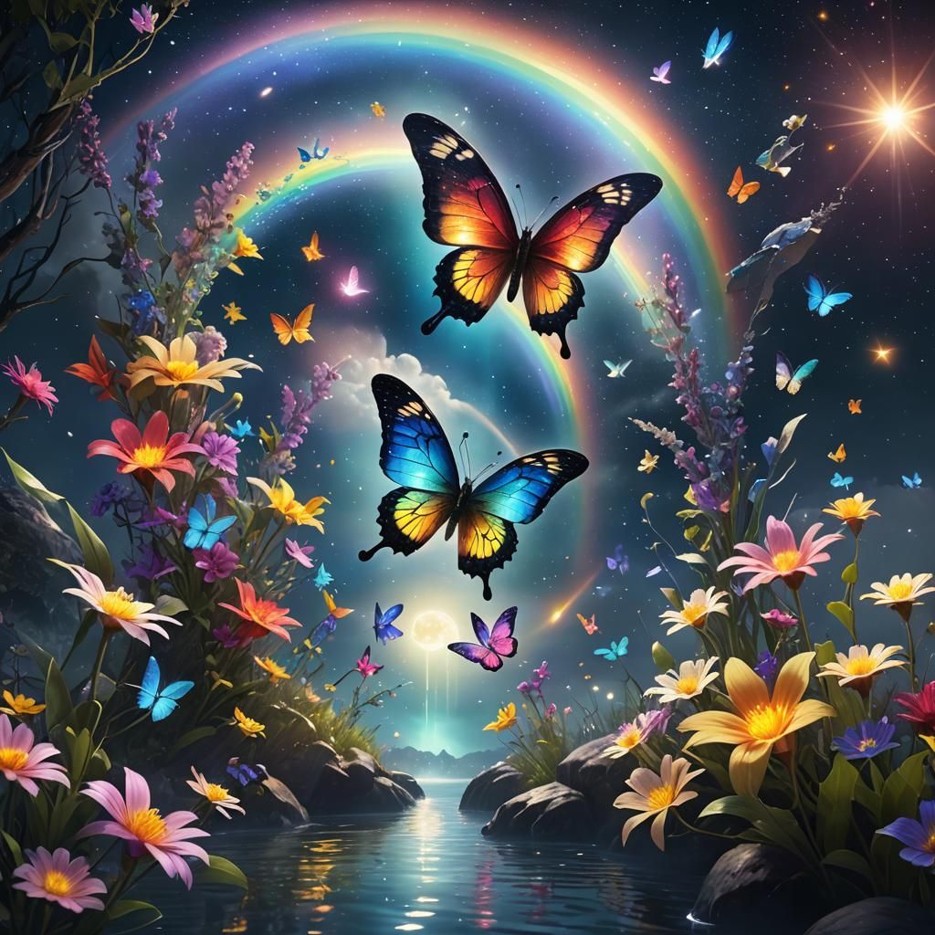 Crystalline Rainbow Butterfly with Star Flowers