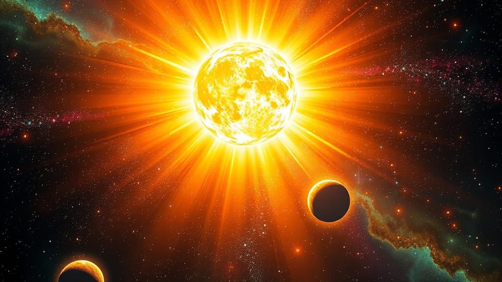 Golden Cosmic Scene with Radiant Planets and Nebulae