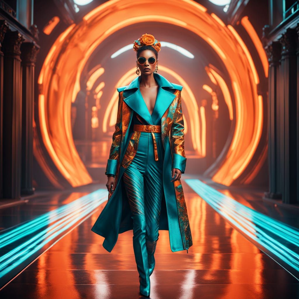 Glamorous Fashion Model Struts Down a Vibrant Catwalk in Hyp...