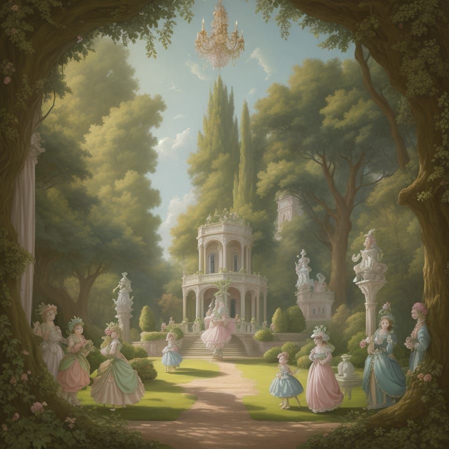 Whimsical Rococo Forest Scene with Putti and Baroque Archite...