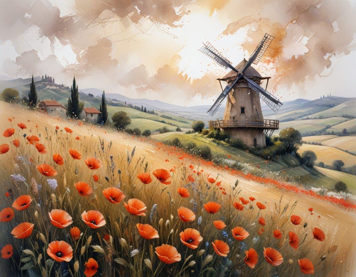 Tuscan Windmill Field at Golden Hour in Impressionistic Styl...