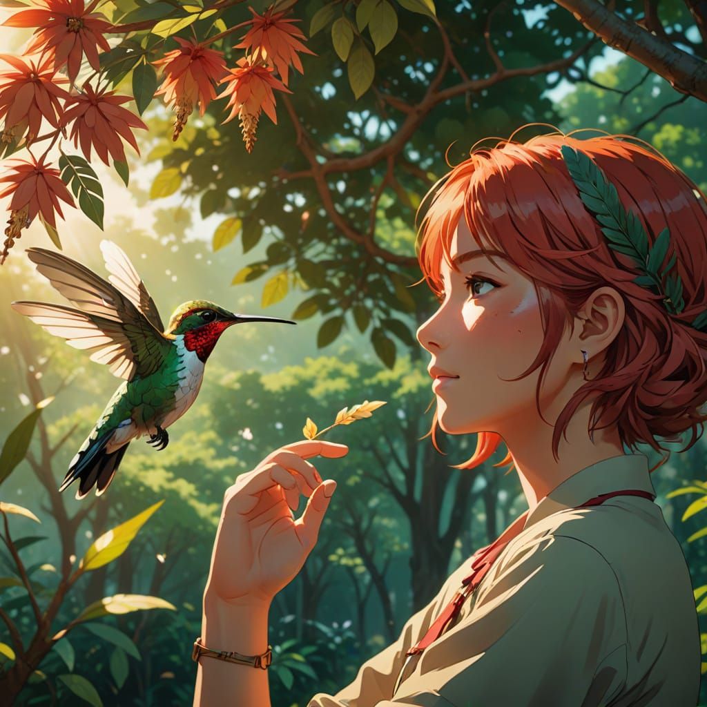 Red-Haired Girl with Hummingbird in Anime Style