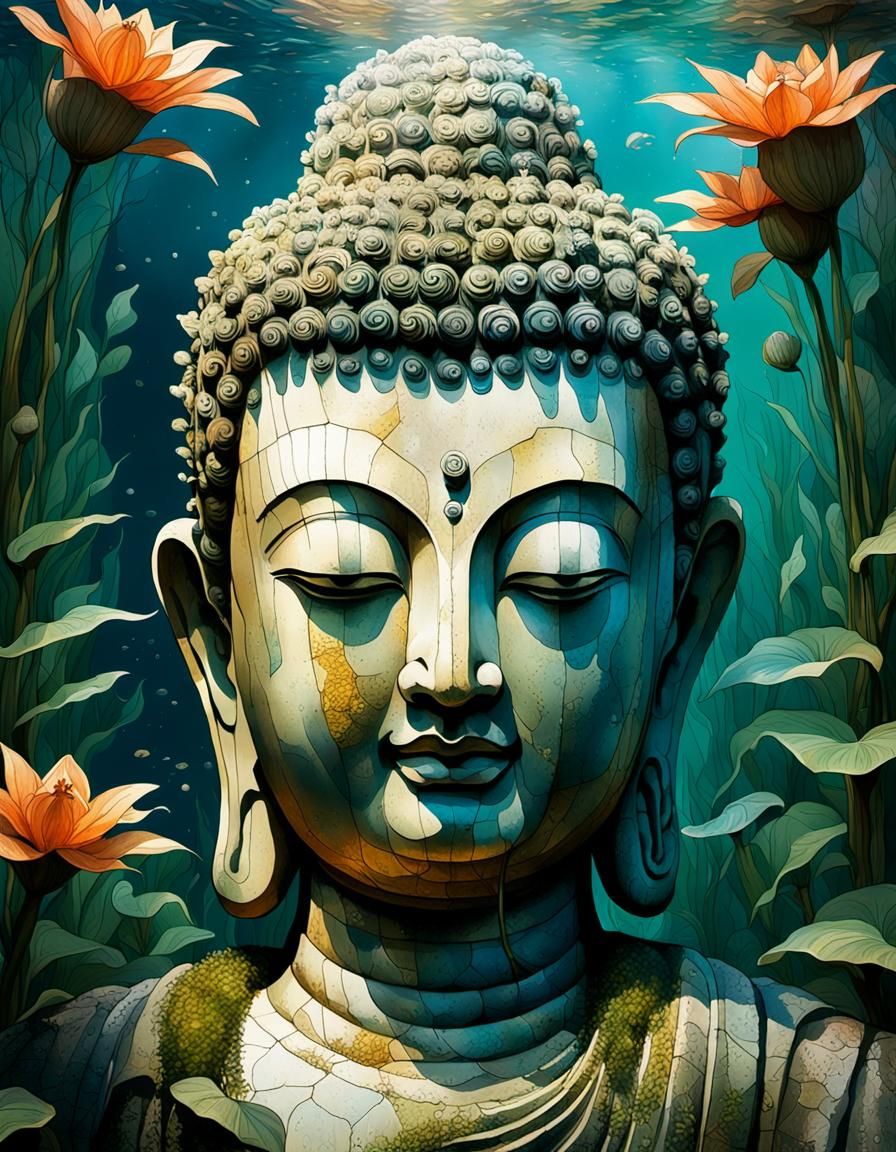 Underwater Buddha Statue in Stone Temple