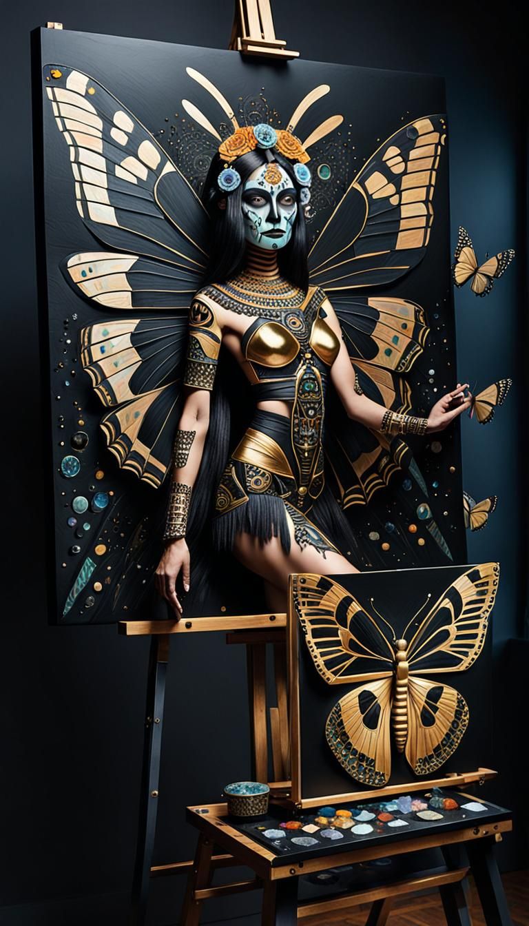 Obsidian Butterfly Goddess: Aztec Art Deco Painting