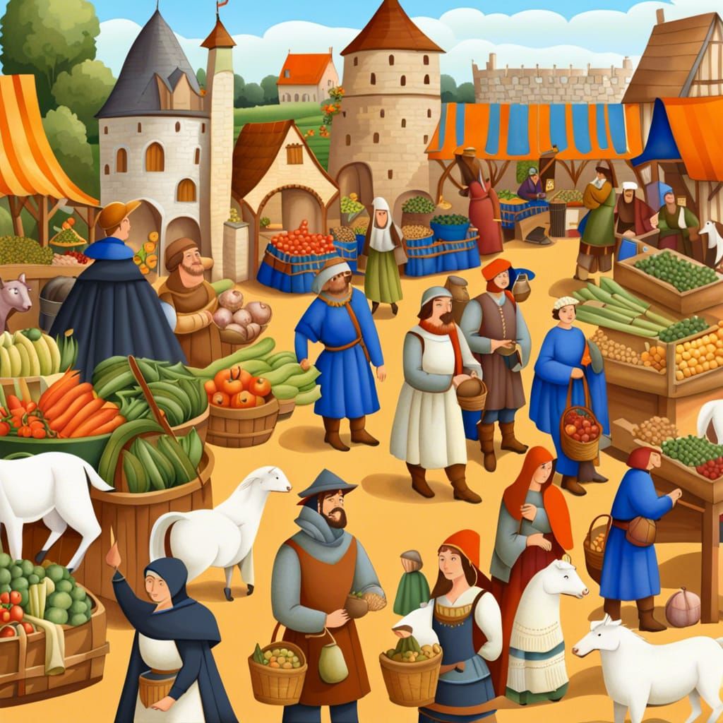 Detailed Medieval Farmer's Market Illustration