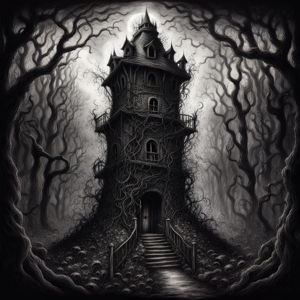 Ominous Tower in Dark Woods: Hyperdetailed Charcoal Drawing