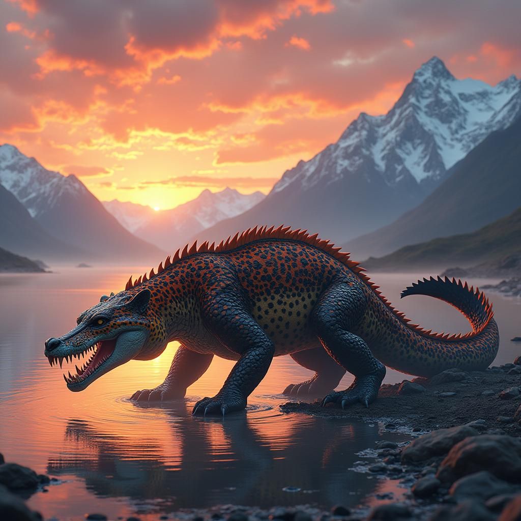 Crocodileopard Crouching by River at Sunrise