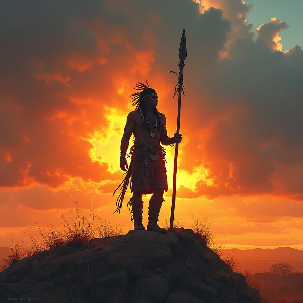 Native American Warrior in Abstract Surreal Sunset