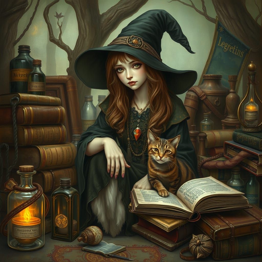 Mystical Witch Surrounded by Ancient Tomes and Potions in Ar...