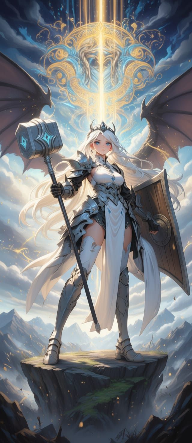 Warrior Woman in Silver Armor with Hammer and Shield