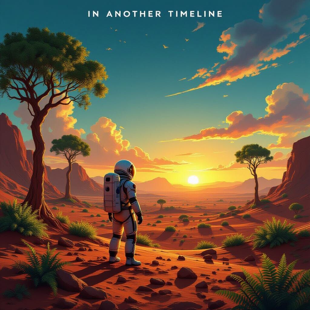 Astronaut on Terraformed Mars with Lush Vegetation