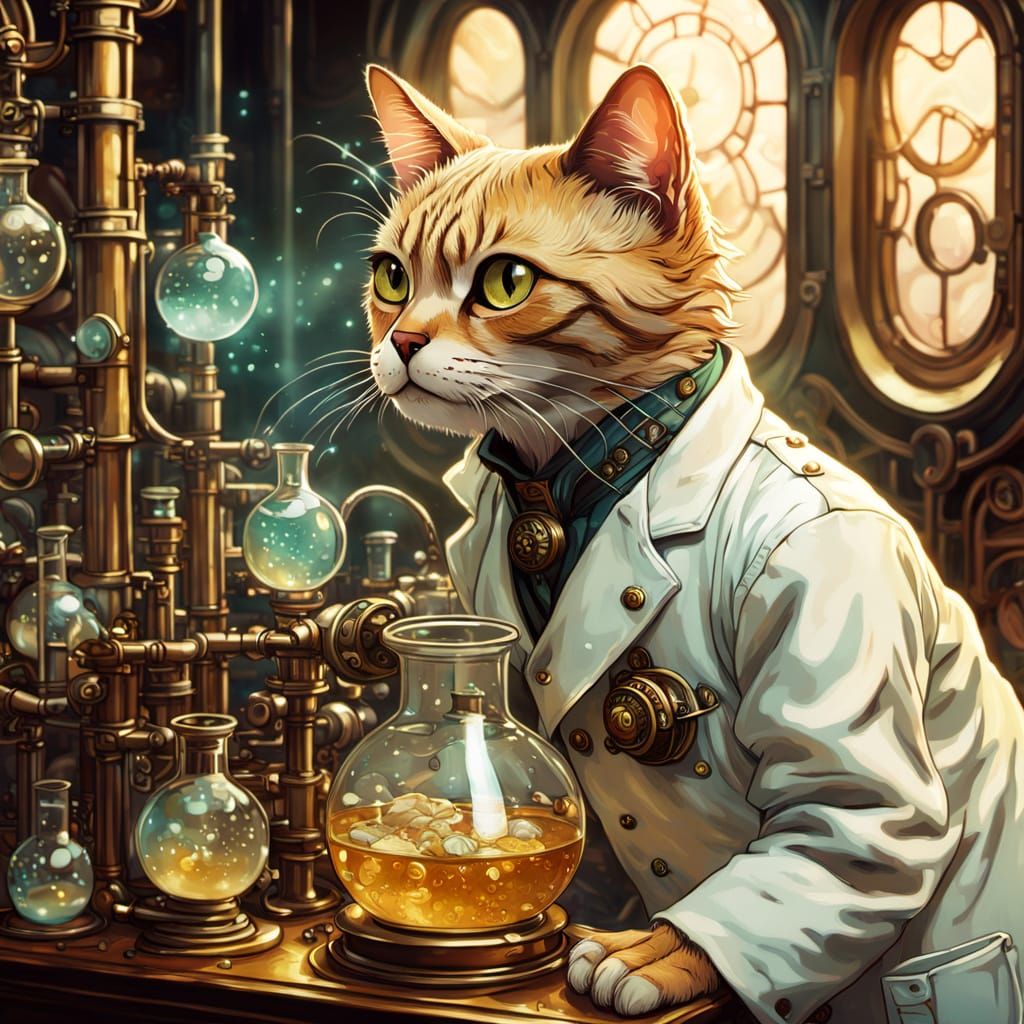 Whimsical Steampunk Feline Scientist in Golden Lighting