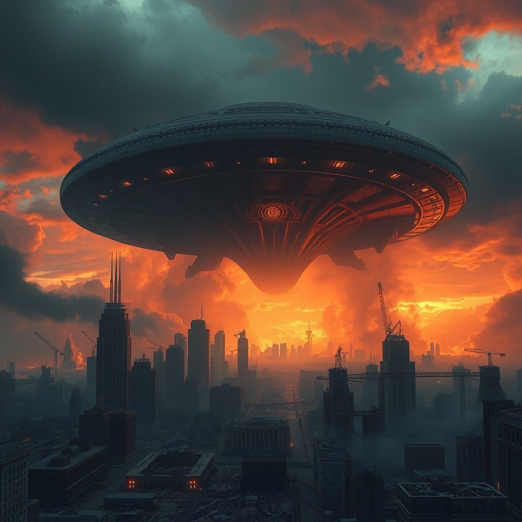 Alien Mothership over Apocalyptic Cityscape