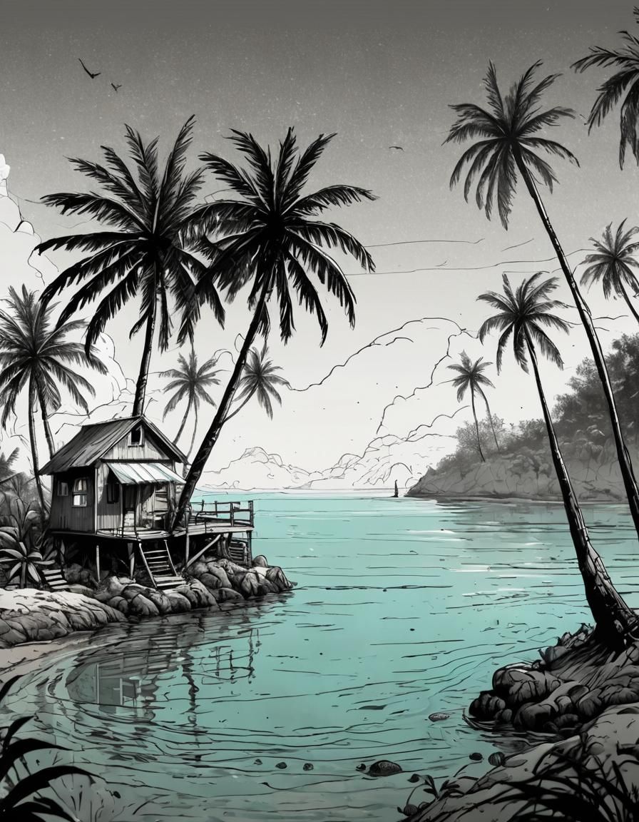 Castaway on Tiny Island: Whimsical Ink Illustration