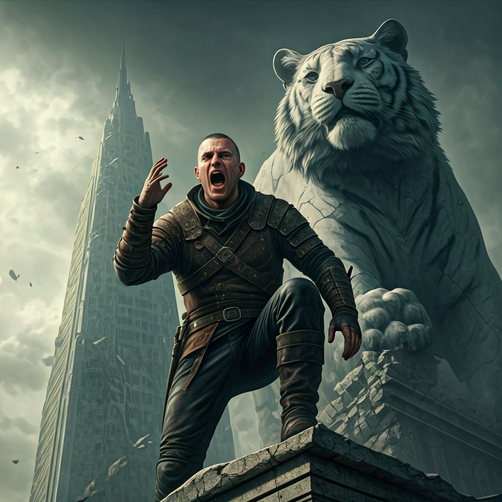 Distressed Man Yelling on Ruined Skyscraper, 3D Rendering