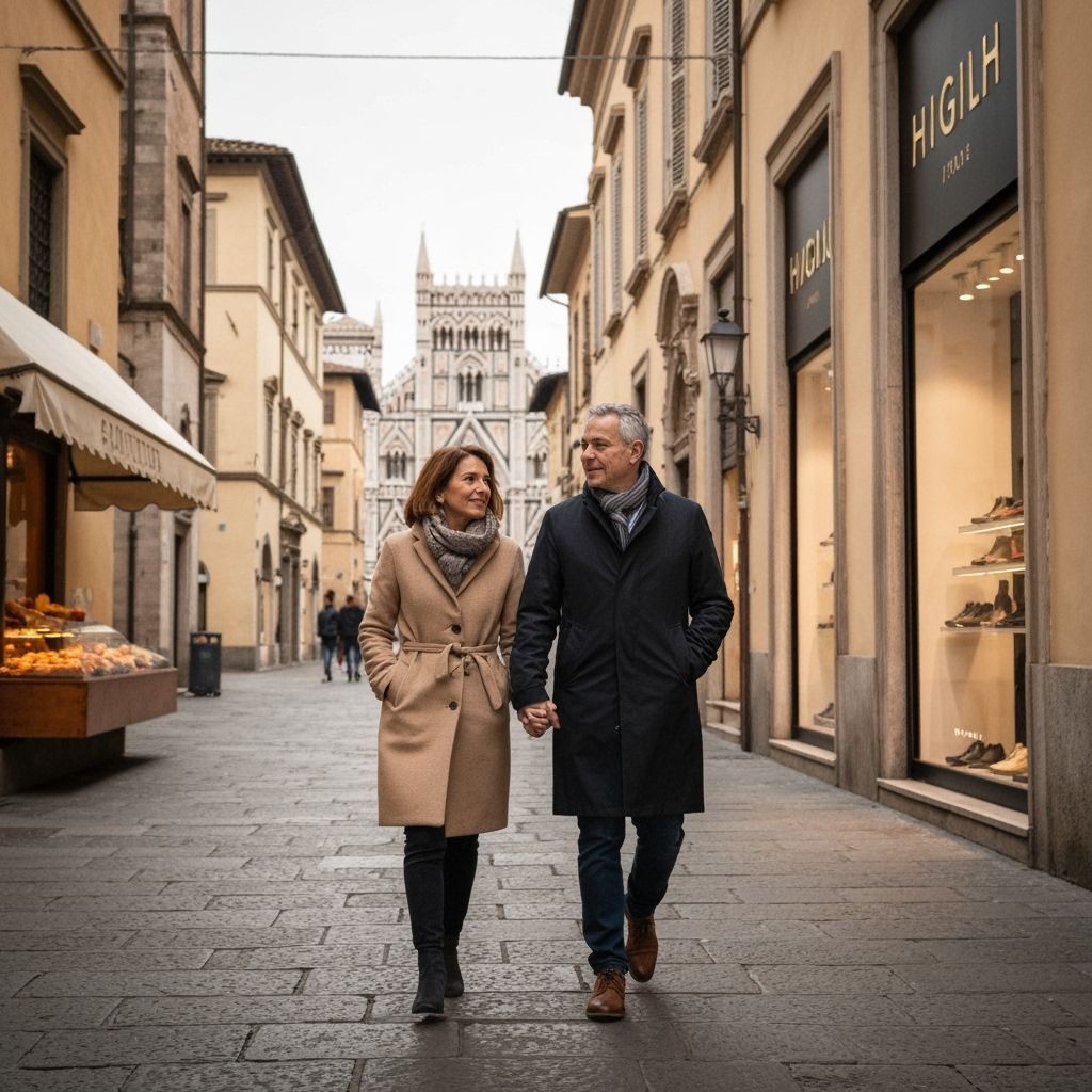 Elderly Couple Walks Through Historic Italian City