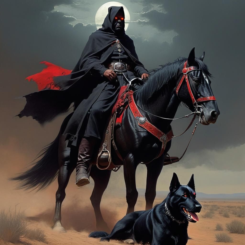 Dark Western Priest with Dog on Horse