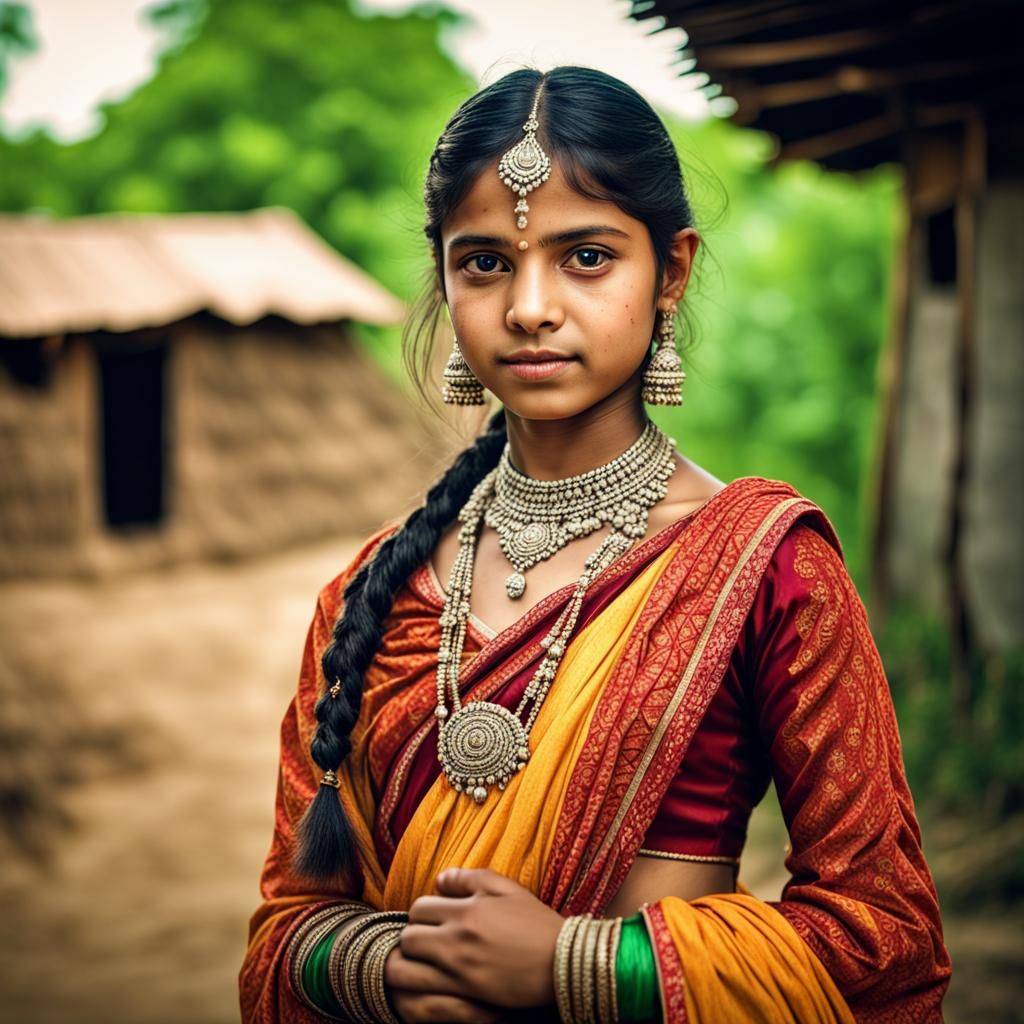 Indian Girl in Traditional Dress, Hyperrealistic Portrait