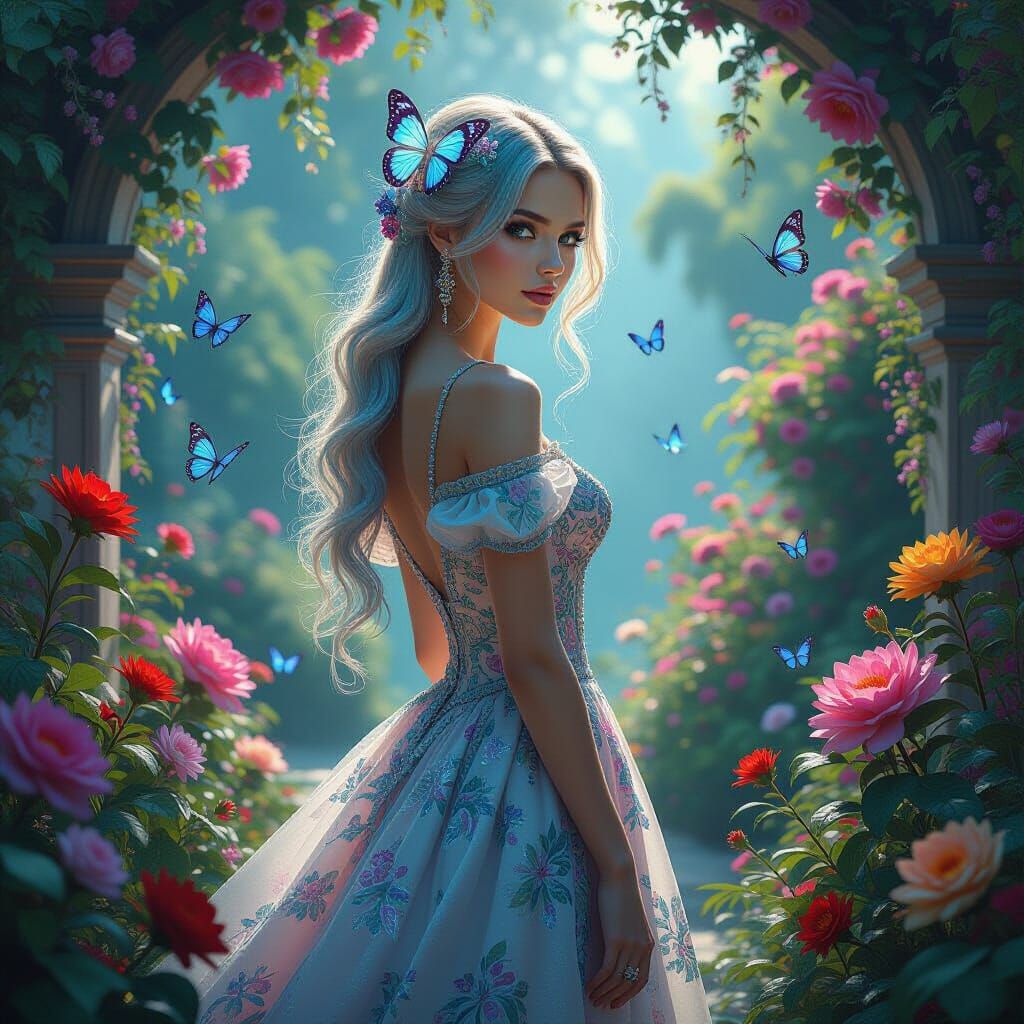 A majestic, ethereal woman with flowing, iridescent hair ado...