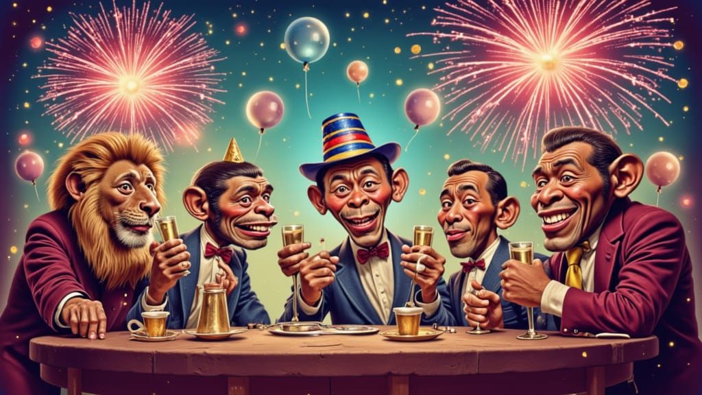 Whimsical Animals Celebrate New Year's Eve in Fantasy World