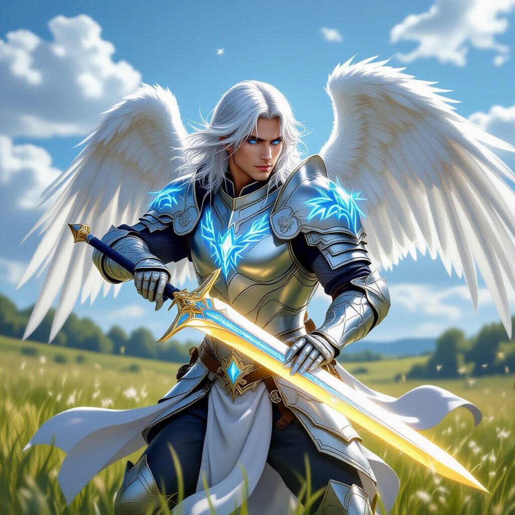Male Angel in Silver Armor Practicing Sword
