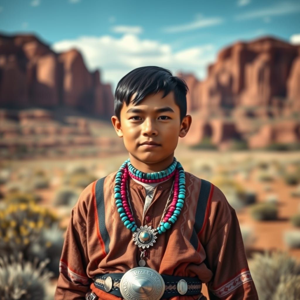 Navajo Nadleehi Boy in Traditional Regalia, Southwestern Lan...