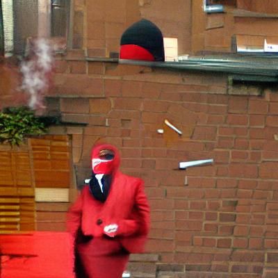 Man in Red Suit and Balaclava Smoking