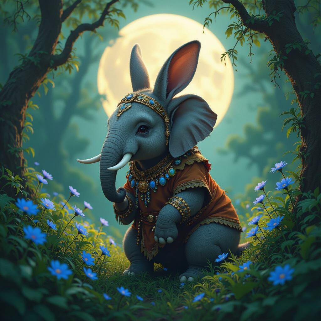 Elephant-Rabbit Hybrid in Moonlit Forest