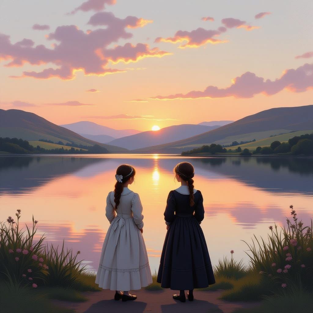Elegant Orphan Girls by Serene Lake in Painterly Style