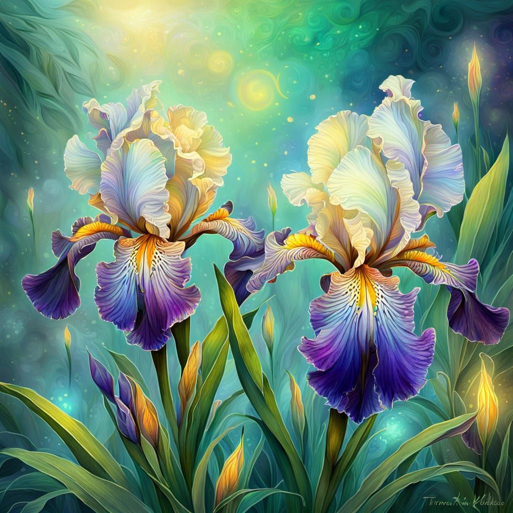 Dreamy Iris Flower in Neon Hues: Digital Painting