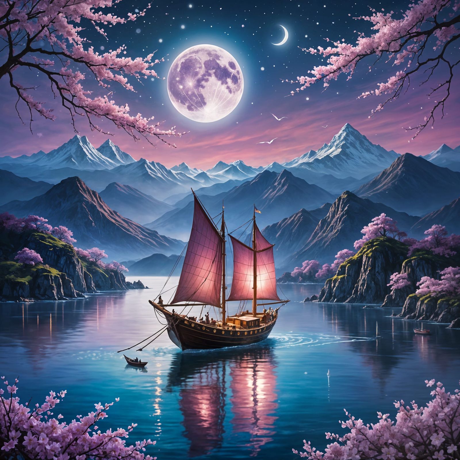Celestial Boat Sailing in Vibrant Starlit Night