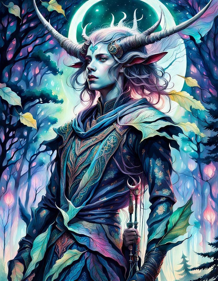 Tiefling in Mystical Forest: Surreal Ink Fantasy