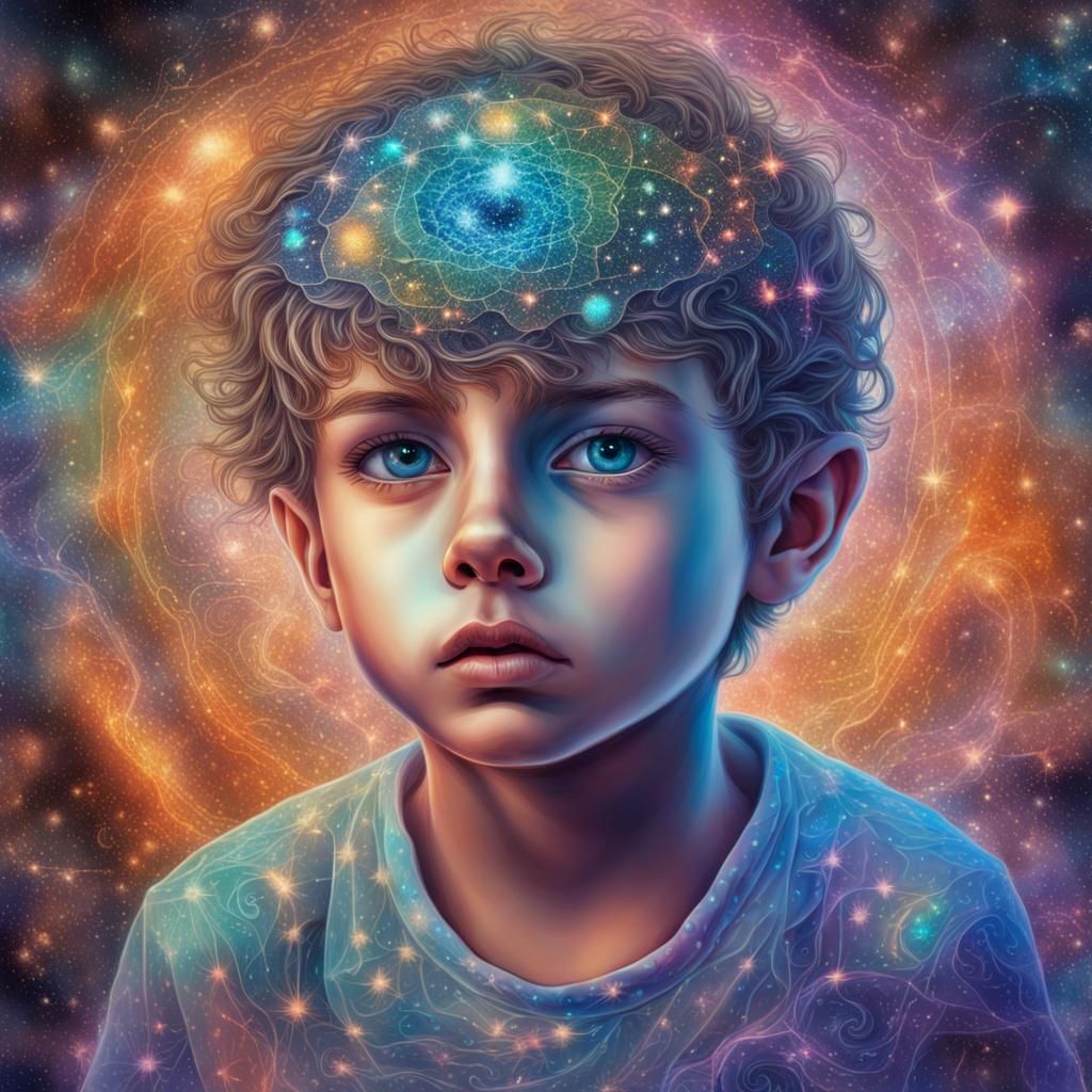 Boy's Astral Projection: Holographic Cosmic Illustration