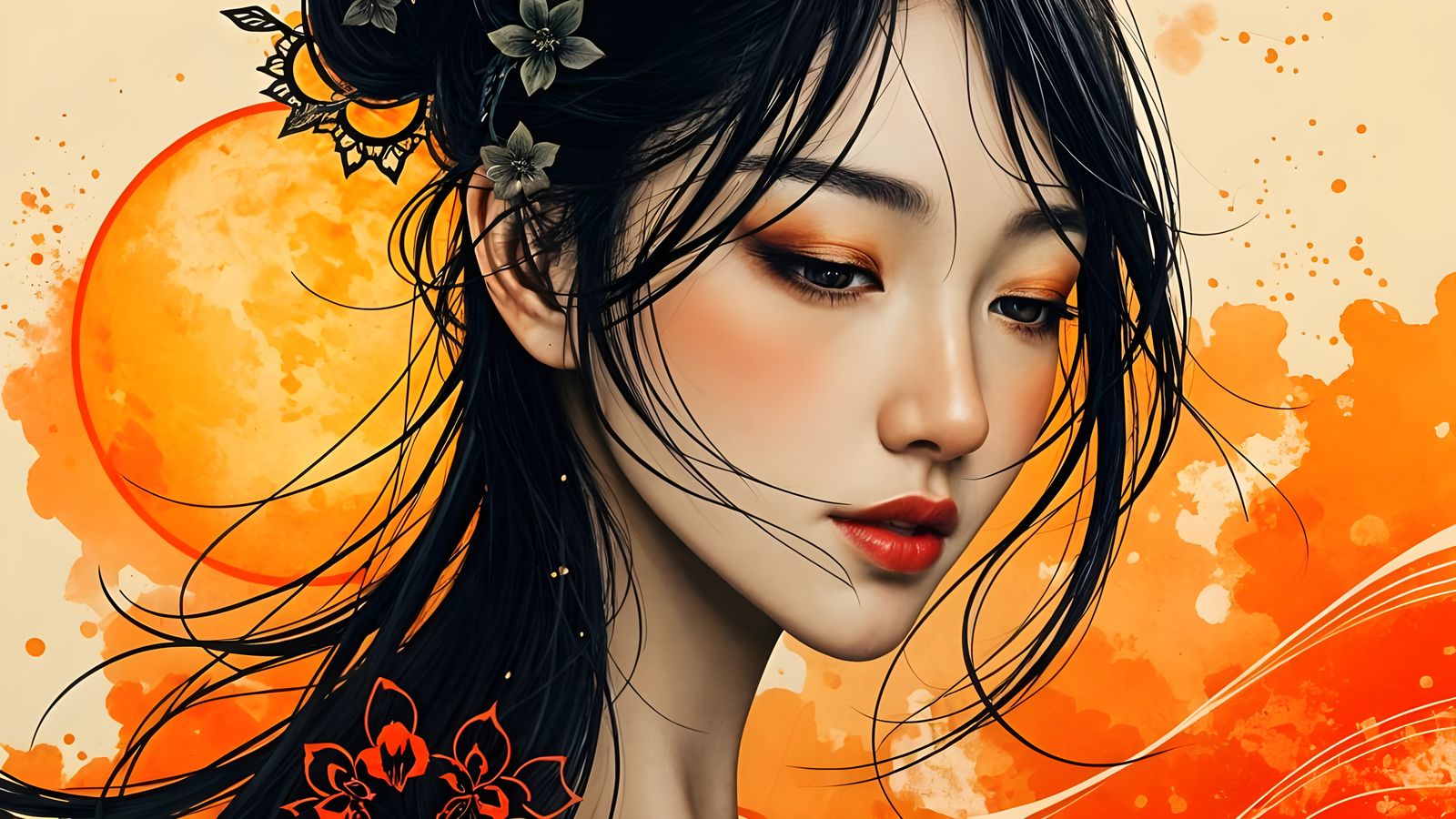 Asian Woman in Wabi-Sabi Aesthetic with Delicate Features an...