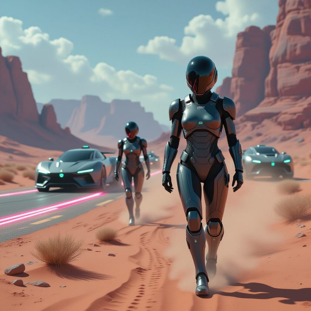 Cyborgs Emerge from Desert, Kinetic Road in Background