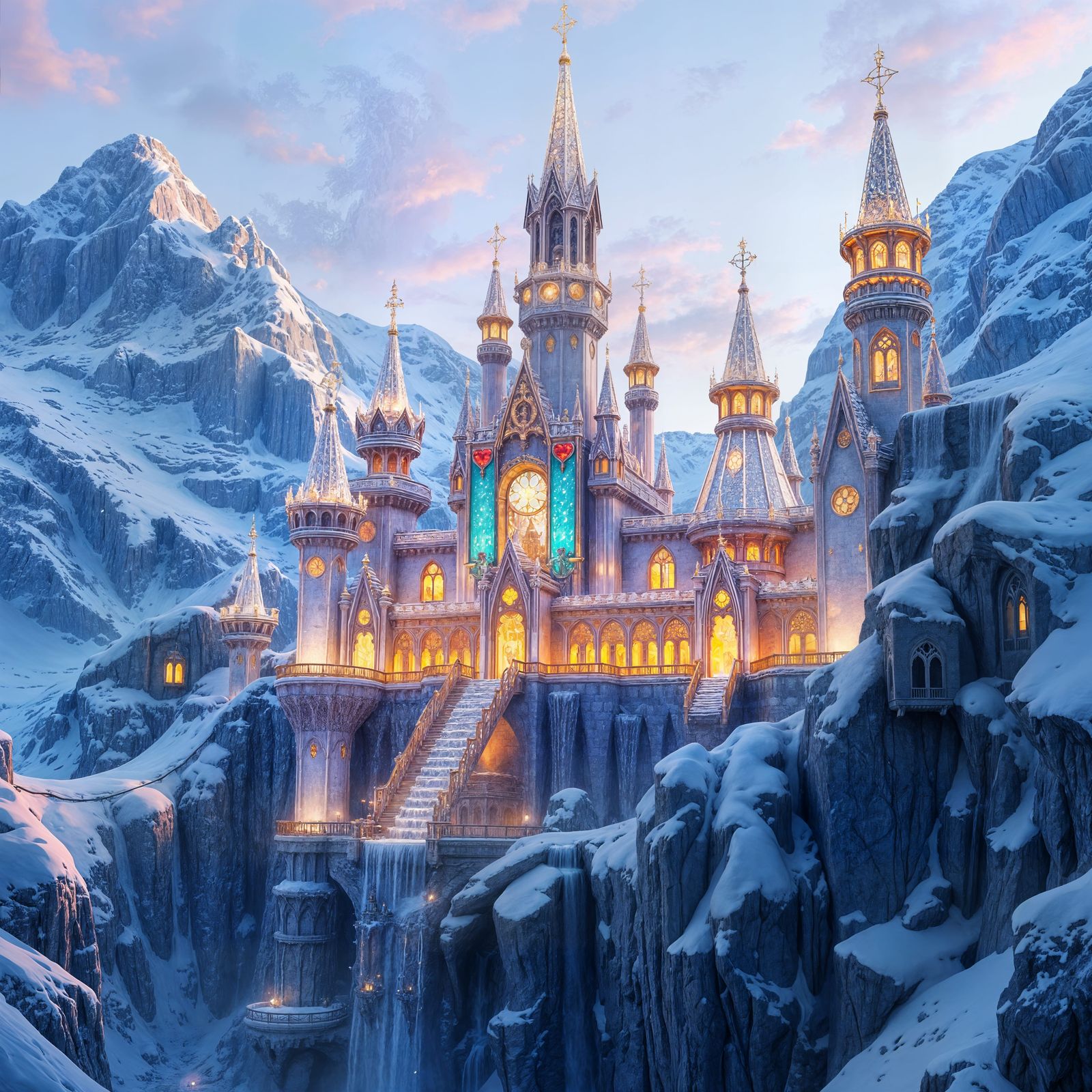Ethereal Gemstone Castle in Twilight Snowscape