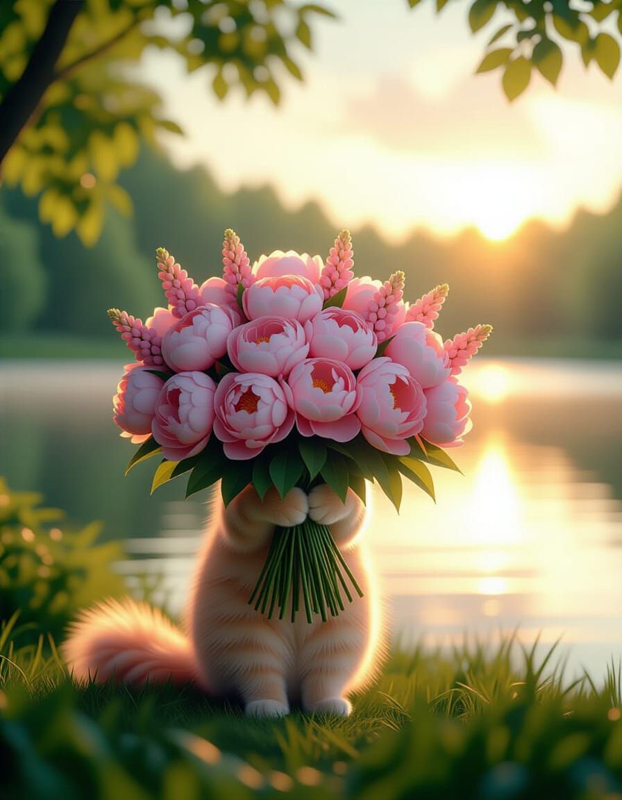Fluffy Red Cat Holds Flowers in Summer Park