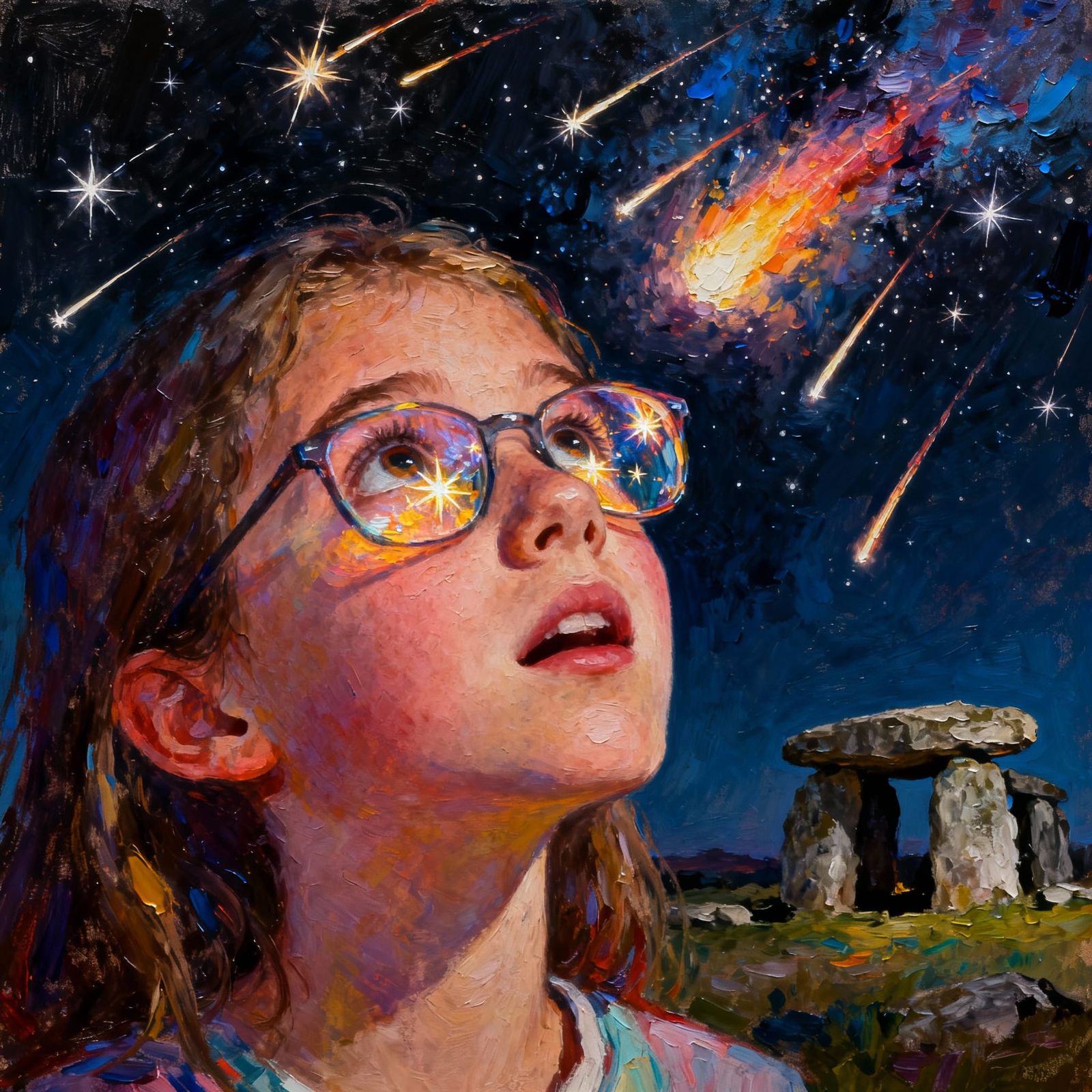 Teen Girl Gazes at Meteor Shower in Impasto Oil Painting