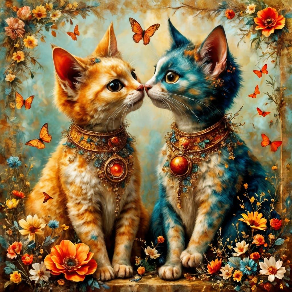 Whimsical Feline Daydreams in Vibrant Mixed Media