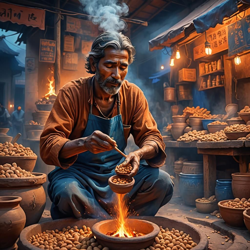 Fantasy Peanut Vendor Lit by Firelight: Digital Art