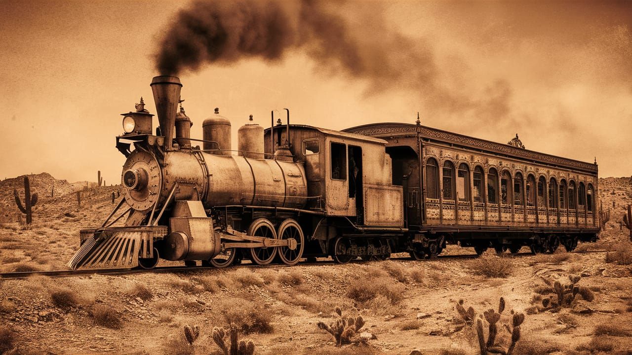 Old West Train in Sepia-Toned Desert Lithograph