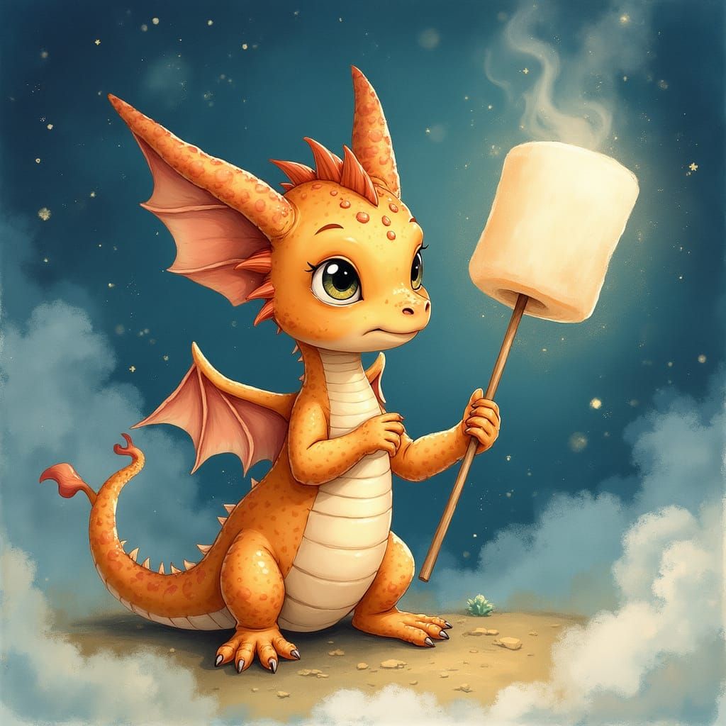 Baby Dragon Roasts Marshmallow in Dreamy Watercolour Night S...