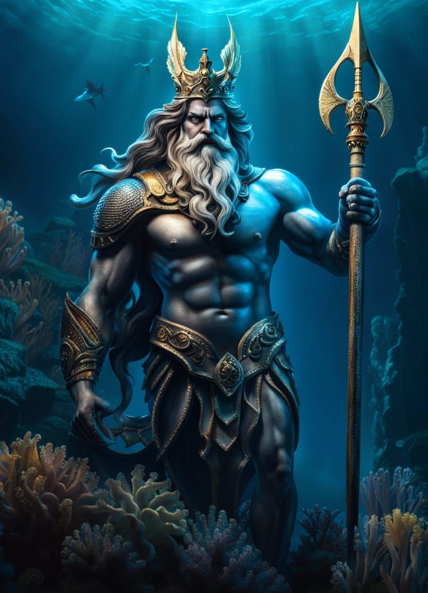 Hyperrealistic Poseidon Portrait with Bioluminescent Details