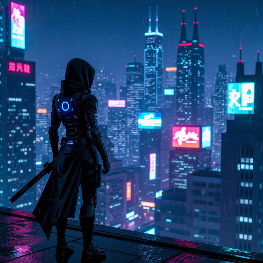 Cyborg Ninja Over Cyberpunk City in Dark Futurism