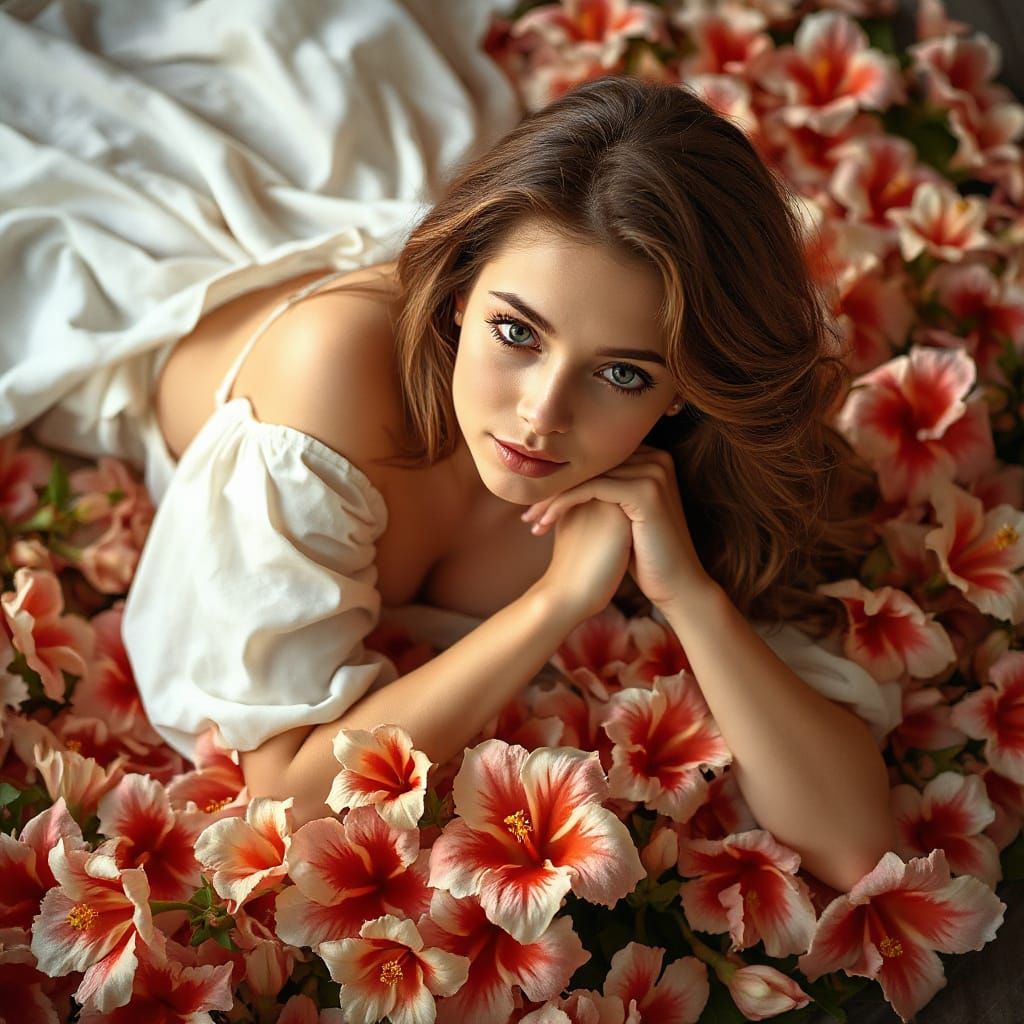 Woman Reclining on Hibiscus Flowers in Art Nouveau Style