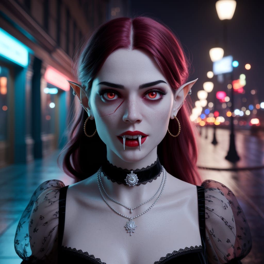 Gothic Vampire on City Sidewalk at Night