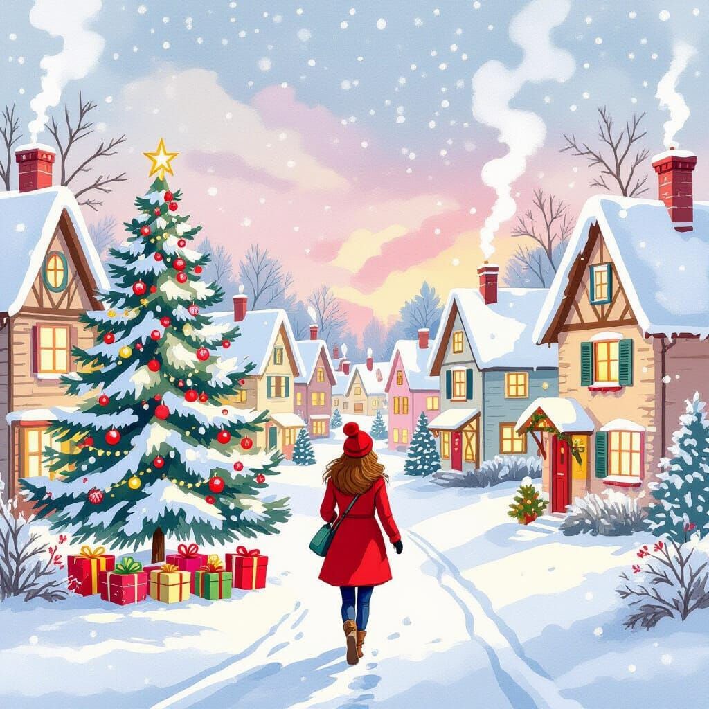 Christmas Village Watercolor Illustration in Potter Style